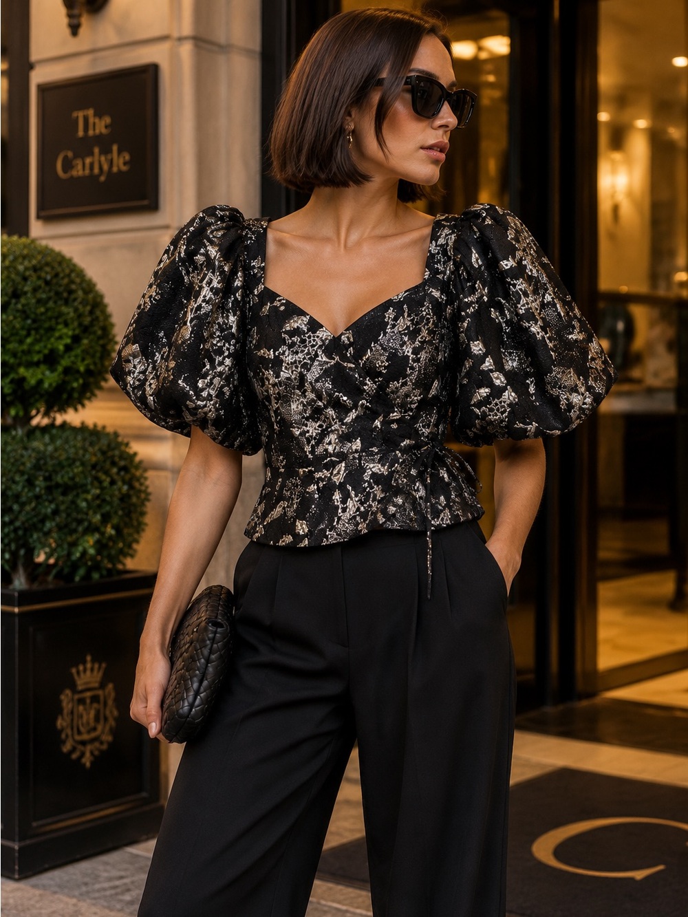 JONATHAN SIMKHAI Black and Silver Metallic Jacquard Puff Sleeve Blouse,2